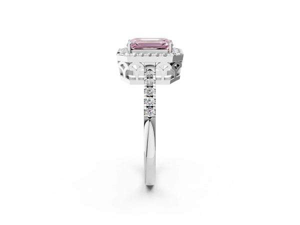 White gold Fancy Pink Emerald  Halo Diamond Engagement Ring with Pavé Band and Four-Prong Setting