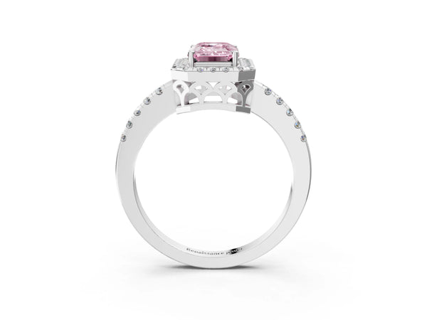 White gold Fancy Pink Emerald  Halo Diamond Engagement Ring with Pavé Band and Four-Prong Setting