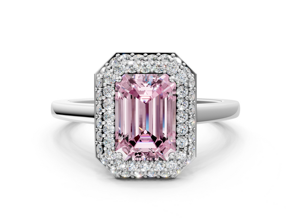 Platinum Fancy Pink Emerald  Halo Diamond Engagement Ring with Solitaire Band and Four-Prong Setting
