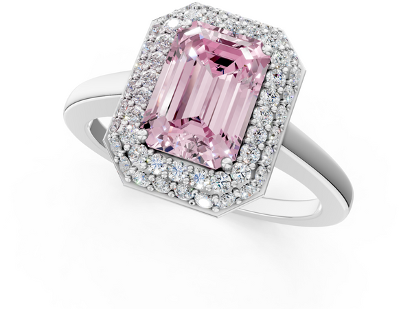 Platinum Fancy Pink Emerald  Halo Diamond Engagement Ring with Solitaire Band and Four-Prong Setting