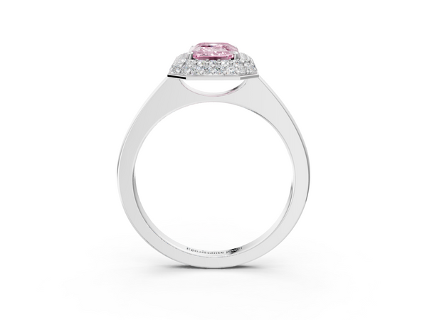 Platinum Fancy Pink Emerald  Halo Diamond Engagement Ring with Solitaire Band and Four-Prong Setting