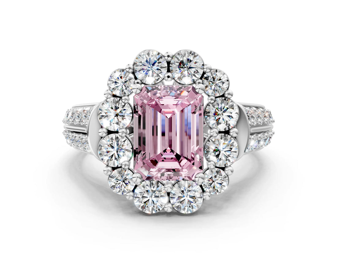 White gold Fancy Pink Emerald  Halo Diamond Engagement Ring with Split Shank and Prong Setting_66