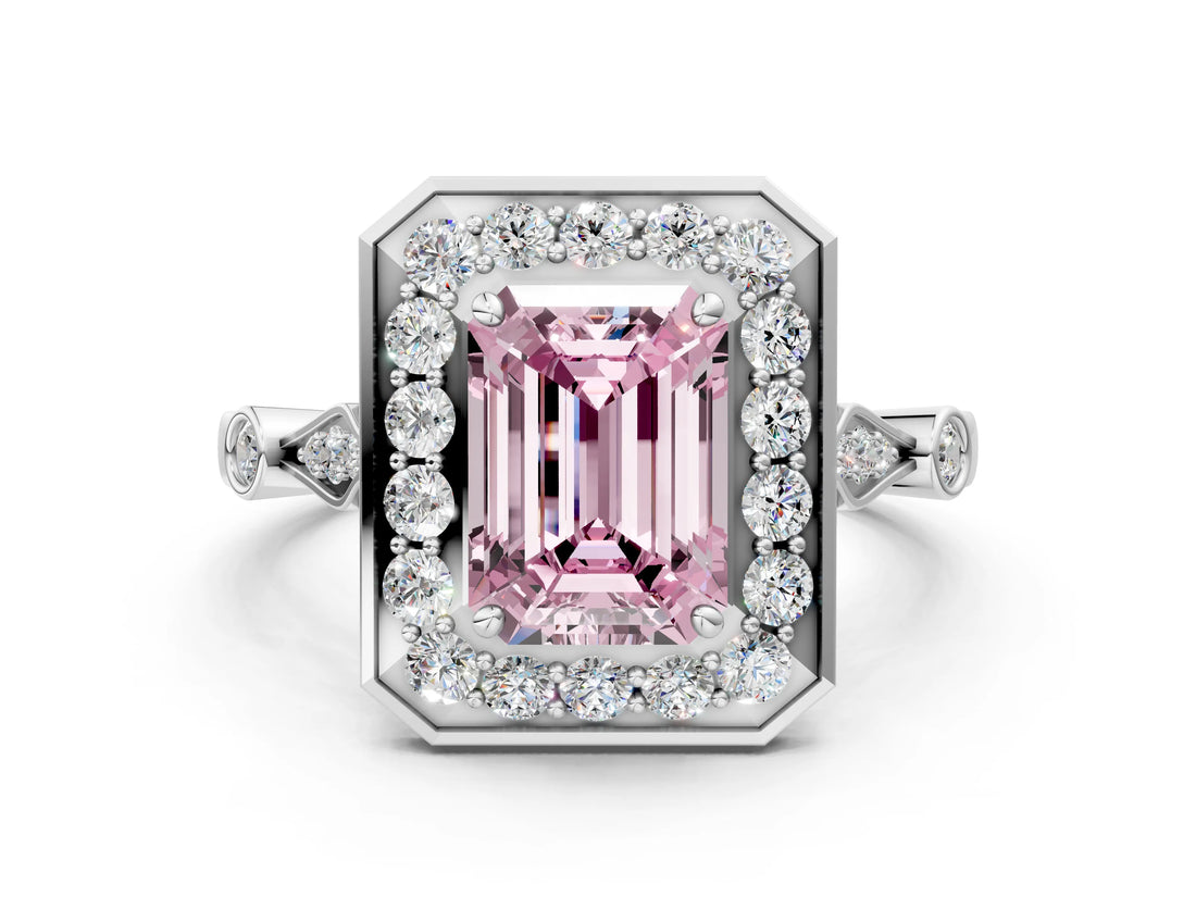 White gold Fancy Pink Emerald  Halo Diamond Engagement Ring with Twisted Band and Four-Prong Setting