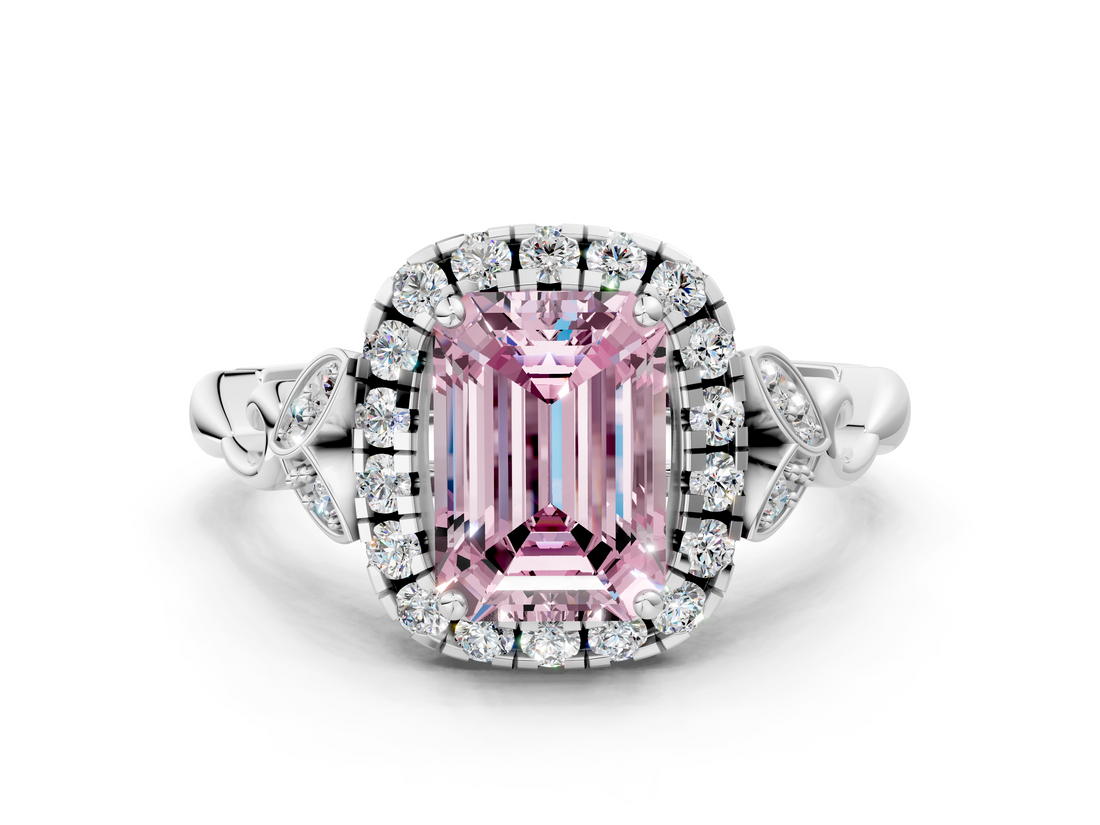 White gold Fancy Pink Emerald  Halo Diamond Engagement Ring with Vintage-Inspired Band and Four-Prong Setting_3