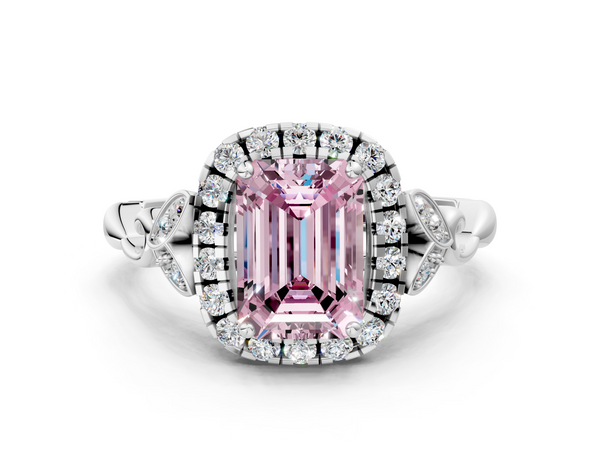 White gold Fancy Pink Emerald  Halo Diamond Engagement Ring with Vintage-Inspired Band and Four-Prong Setting