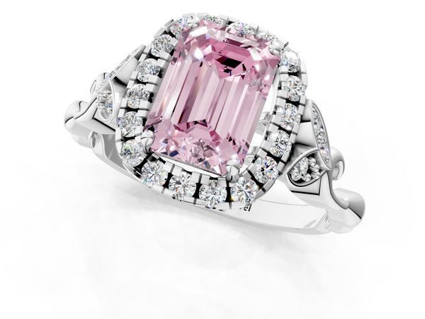 White gold Fancy Pink Emerald  Halo Diamond Engagement Ring with Vintage-Inspired Band and Four-Prong Setting