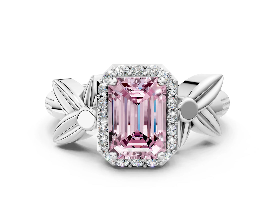 White gold Fancy Pink Emerald  Halo Diamond Floral Band with Four-Prong Setting_55