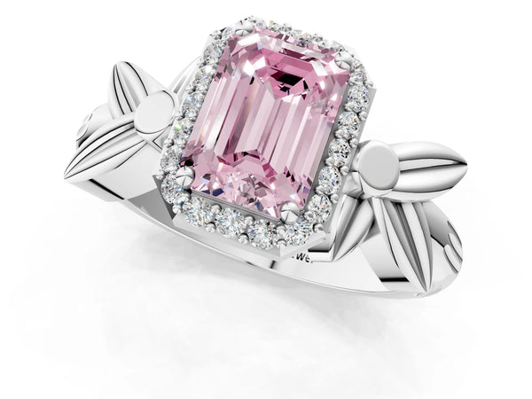 Platinum Fancy Pink Emerald  Halo Diamond Floral Band with Four-Prong Setting