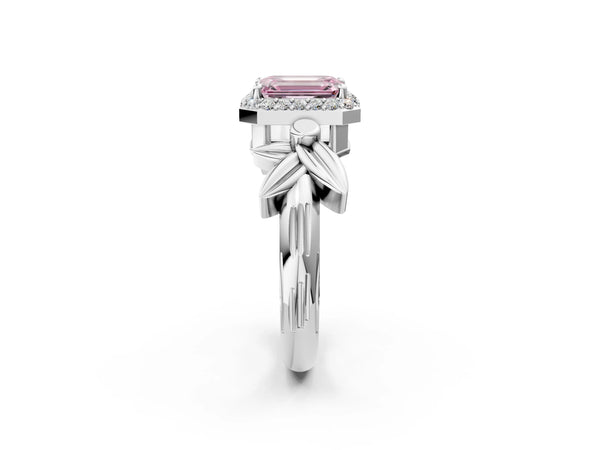 Platinum Fancy Pink Emerald  Halo Diamond Floral Band with Four-Prong Setting