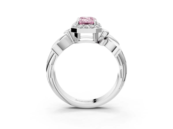 Platinum Fancy Pink Emerald  Halo Diamond Floral Band with Four-Prong Setting