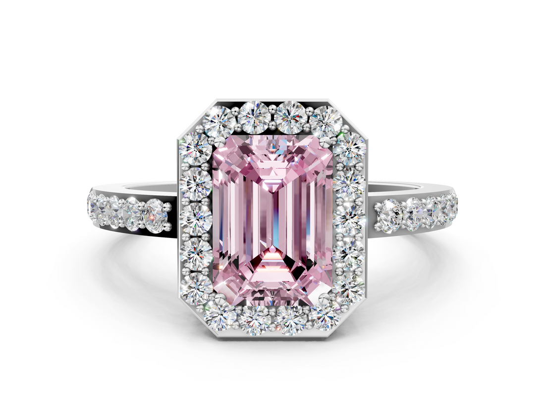 White gold Fancy Pink Emerald  Halo Diamond Pavé Band Ring with Prong Setting_20