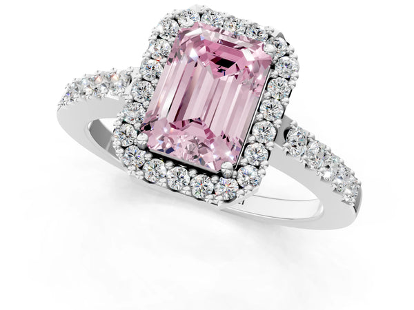 Platinum Fancy Pink Emerald  Halo Diamond Pavé Solitaire Ring
