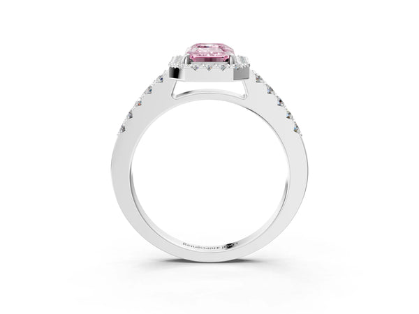 Platinum Fancy Pink Emerald  Halo Diamond Pavé Solitaire Ring