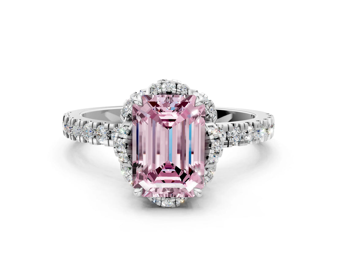 White gold Fancy Pink Emerald  Halo Diamond Pave Band Ring with Four-Prong Setting_15