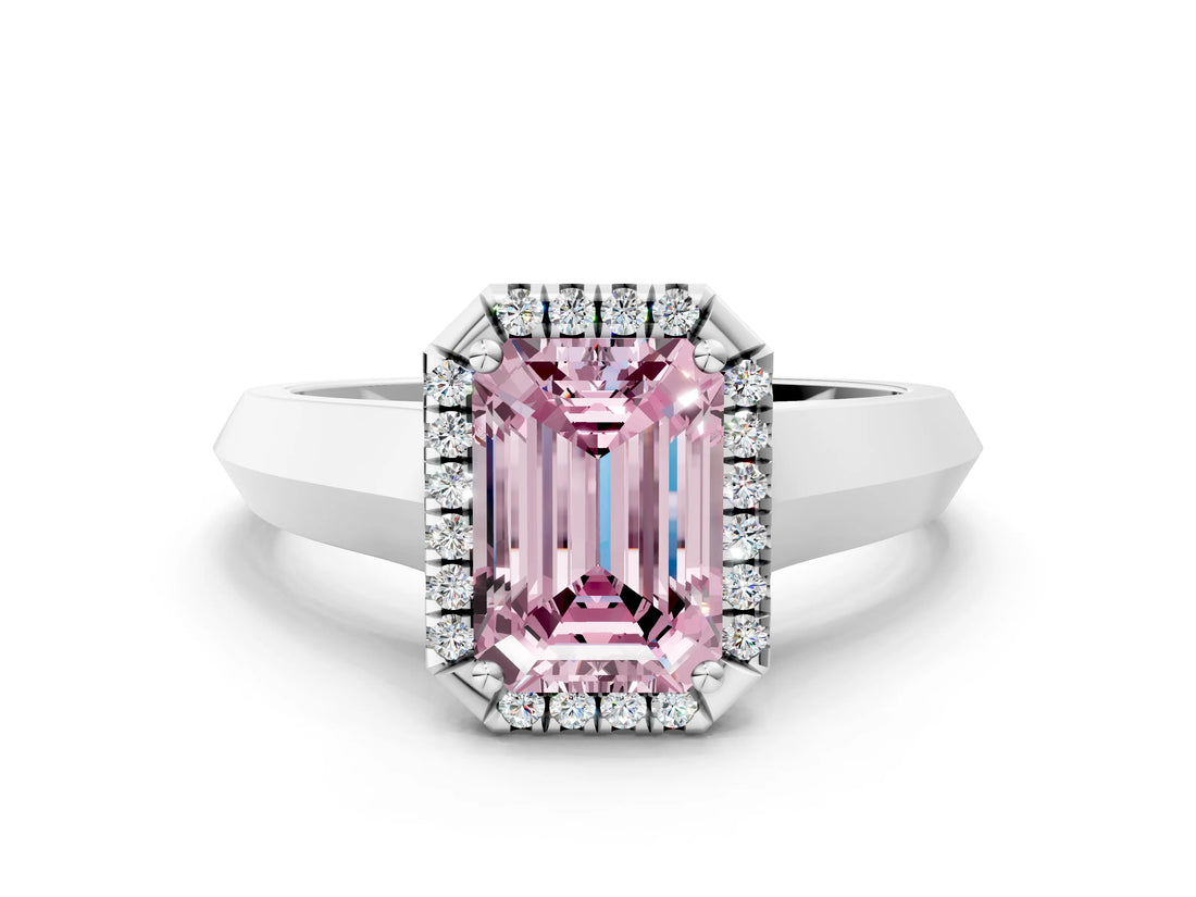 White gold Fancy Pink Emerald  Halo Diamond Ring with Cathedral Band and Four-Prong Setting_49