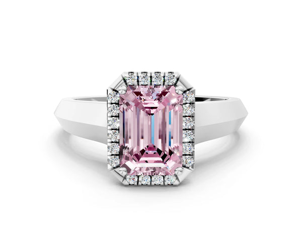 White gold Fancy Pink Emerald  Halo Diamond Ring with Cathedral Band and Four-Prong Setting
