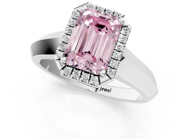 White gold Fancy Pink Emerald  Halo Diamond Ring with Cathedral Band and Four-Prong Setting