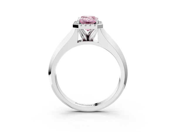 White gold Fancy Pink Emerald  Halo Diamond Ring with Cathedral Band and Four-Prong Setting