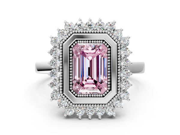 White gold Fancy Pink Emerald  Halo Diamond Ring with Milgrain Edge and Round Prong Setting