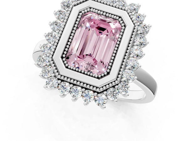 White gold Fancy Pink Emerald  Halo Diamond Ring with Milgrain Edge and Round Prong Setting