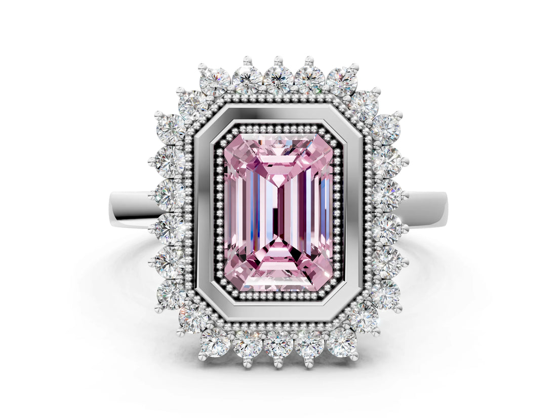 White gold Fancy Pink Emerald  Halo Diamond Ring with Milgrain Edge and Round Prong Setting_38