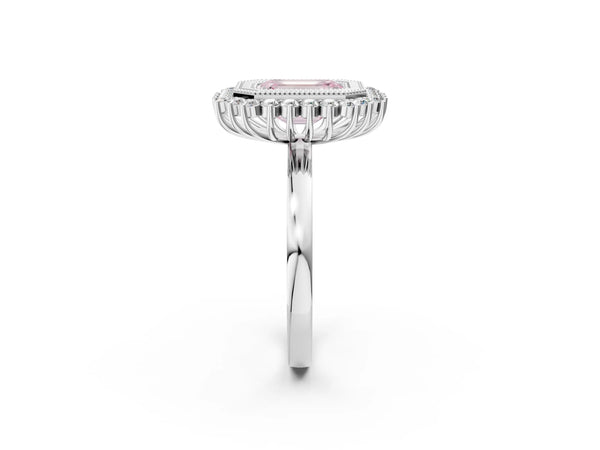 White gold Fancy Pink Emerald  Halo Diamond Ring with Milgrain Edge and Round Prong Setting