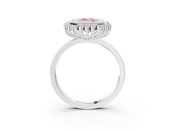 White gold Fancy Pink Emerald  Halo Diamond Ring with Milgrain Edge and Round Prong Setting
