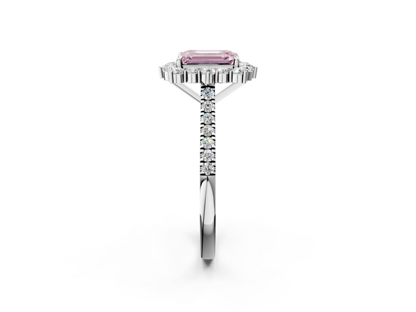 Platinum Fancy Pink Emerald  Halo Diamond Ring with Pavé Band and Prong Setting