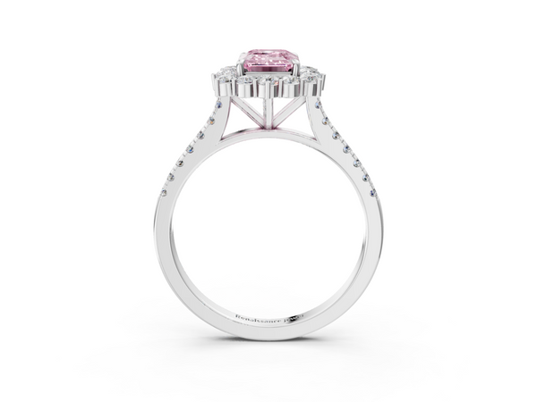 Platinum Fancy Pink Emerald  Halo Diamond Ring with Pavé Band and Prong Setting