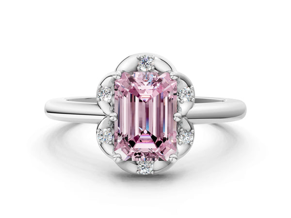 White gold Fancy Pink Emerald  Halo Diamond Ring with Round Cluster Setting, Solitaire Band, and Four-Prong Setting