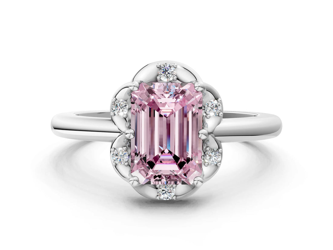 White gold Fancy Pink Emerald  Halo Diamond Ring with Round Cluster Setting, Solitaire Band, and Four-Prong Setting_49