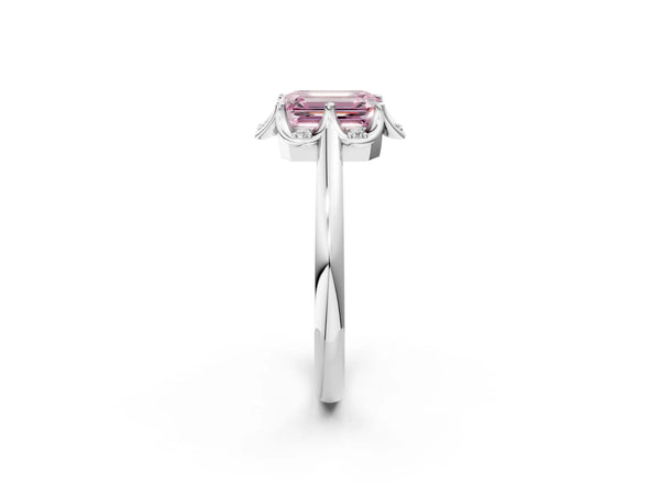 White gold Fancy Pink Emerald  Halo Diamond Ring with Round Cluster Setting, Solitaire Band, and Four-Prong Setting