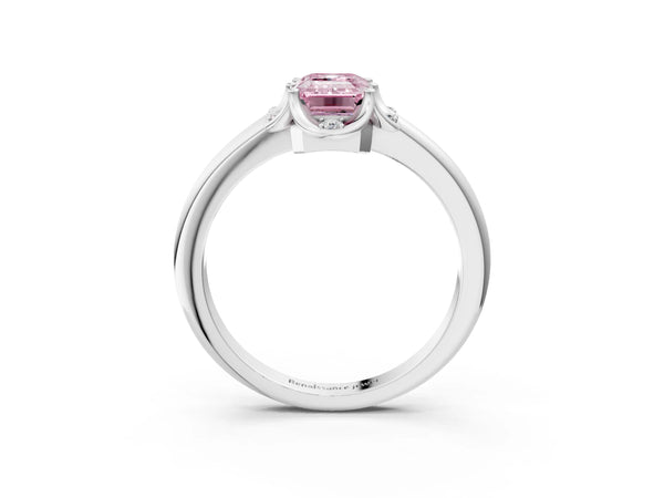 White gold Fancy Pink Emerald  Halo Diamond Ring with Round Cluster Setting, Solitaire Band, and Four-Prong Setting
