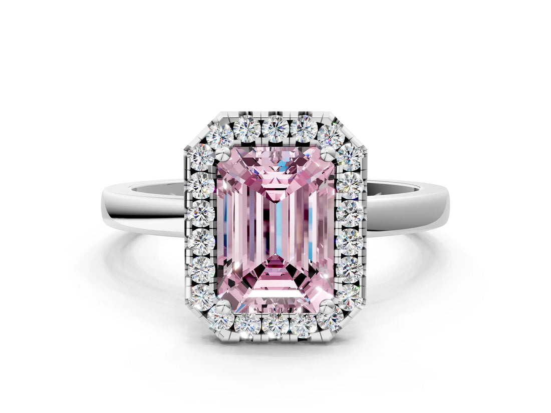 White gold Fancy Pink Emerald  Halo Diamond Solitaire with Pavé Band and Four-Prong Setting_92
