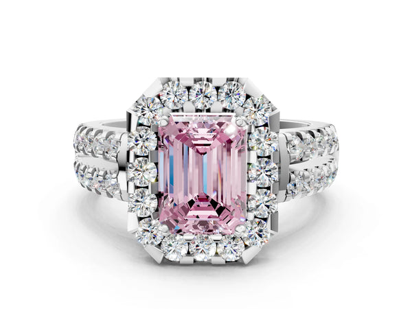 White gold Fancy Pink Emerald  Halo Diamond Split Shank Engagement Ring with Prong Setting