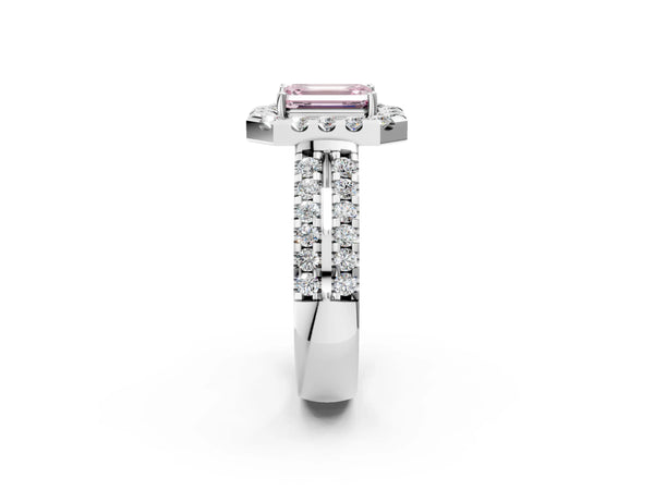 White gold Fancy Pink Emerald  Halo Diamond Split Shank Engagement Ring with Prong Setting