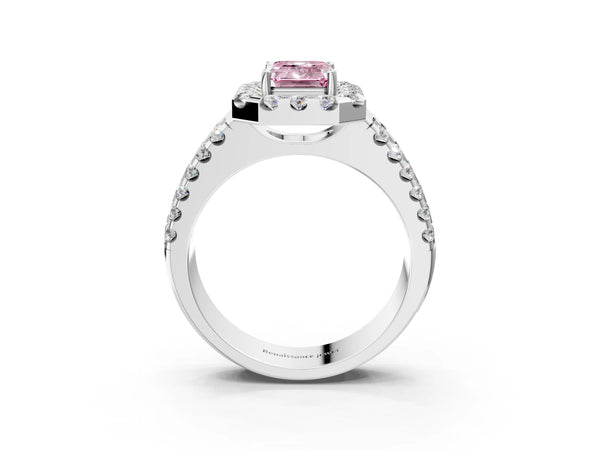 White gold Fancy Pink Emerald  Halo Diamond Split Shank Engagement Ring with Prong Setting