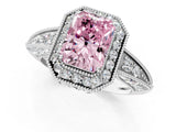 White gold Fancy Pink Emerald  Halo Diamond Split Shank Ring with Milgrain Detail_49