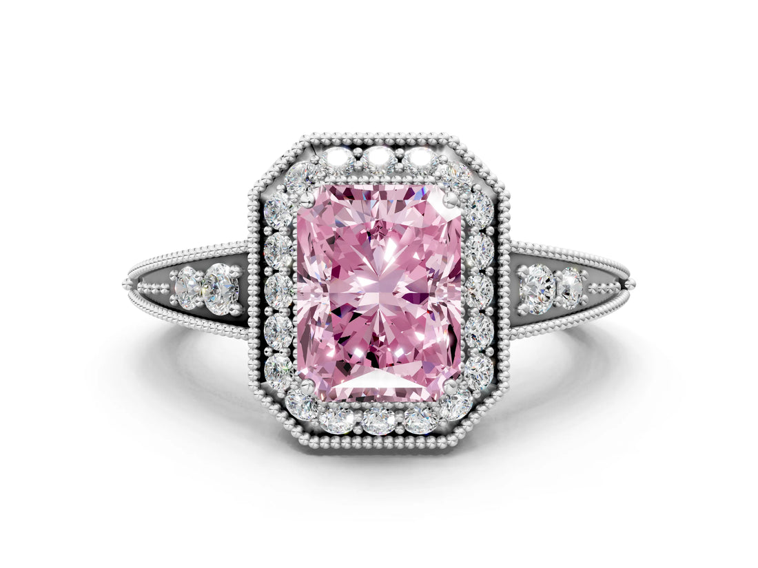 White gold Fancy Pink Emerald  Halo Diamond Split Shank Ring with Milgrain Detail_49