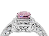 White gold Fancy Pink Emerald  Halo Diamond Split Shank Ring with Milgrain Detail_53