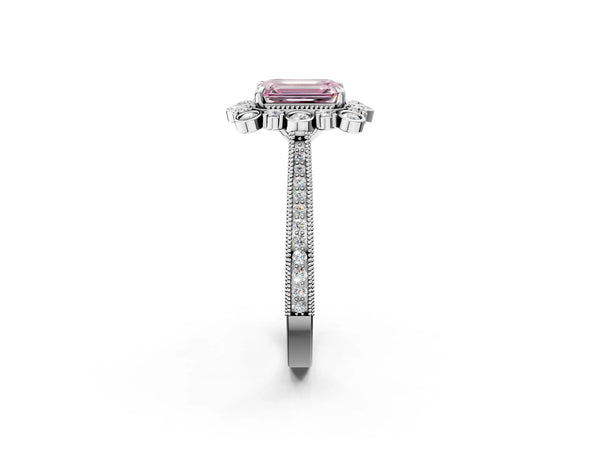 White gold Fancy Pink Emerald  Halo Milgrain Pave Diamond Ring with Four-Prong Setting