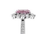 White gold Fancy Pink Emerald  Halo Milgrain Pave Diamond Ring with Four-Prong Setting