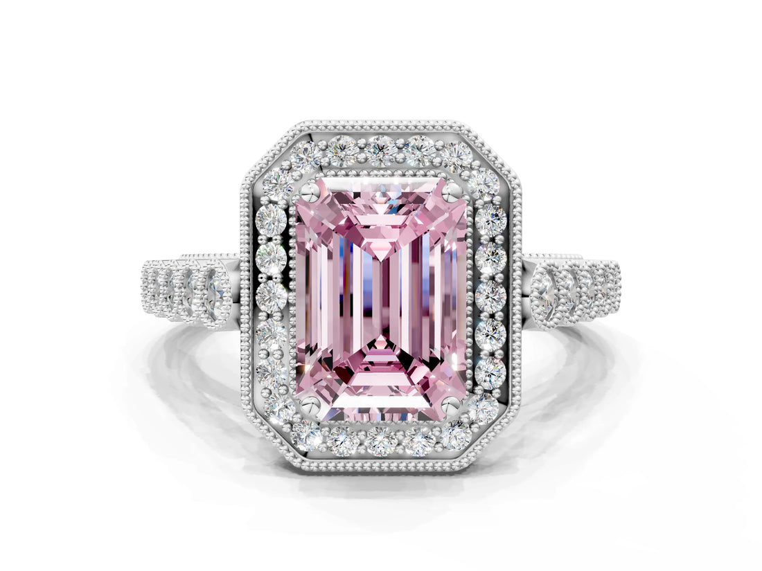 White gold Fancy Pink Emerald  Halo Milgrain Solitaire with Bezel Set Side Stones and Pave Band_32