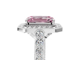 White gold Fancy Pink Emerald  Halo Milgrain Solitaire with Bezel Set Side Stones and Pave Band_37