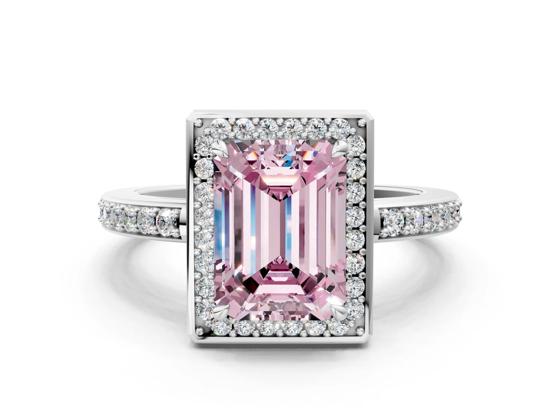 White gold Fancy Pink Emerald  Halo Pave Band Solitaire Ring with Prong Setting_66