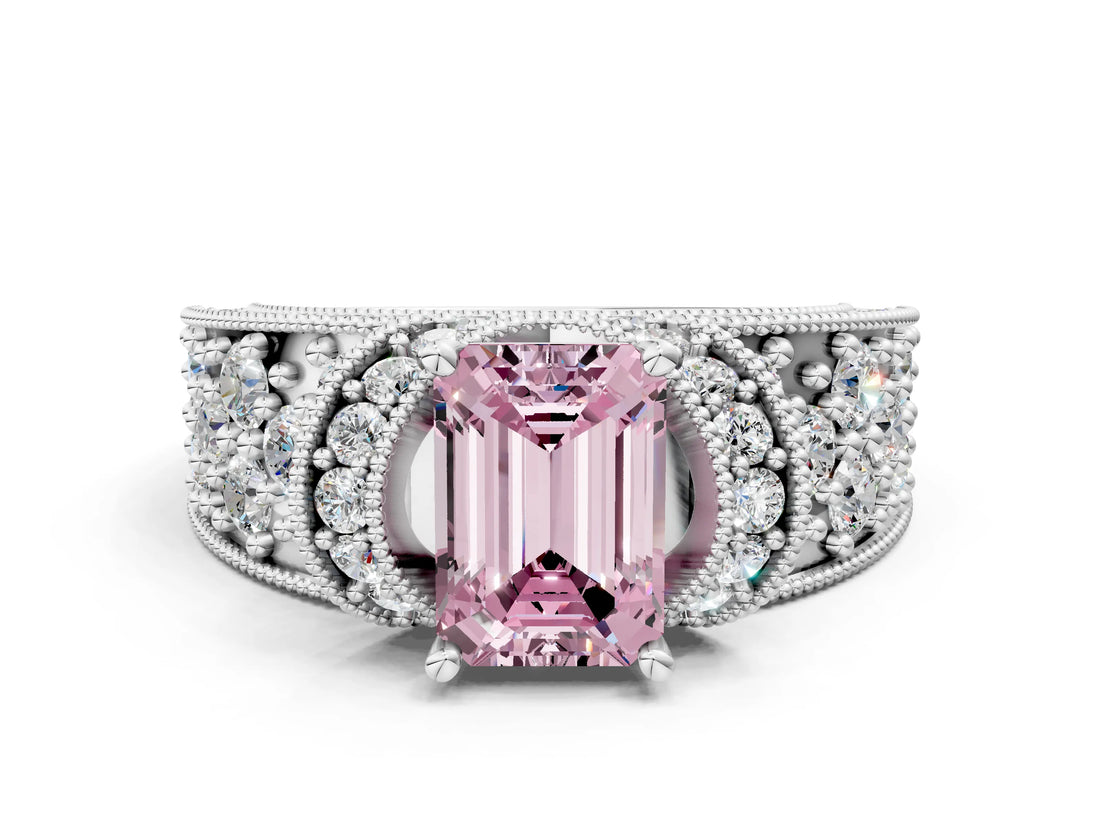 White gold Fancy Pink Emerald  Halo Pave Diamond Engagement Ring with Milgrain Detailing_49