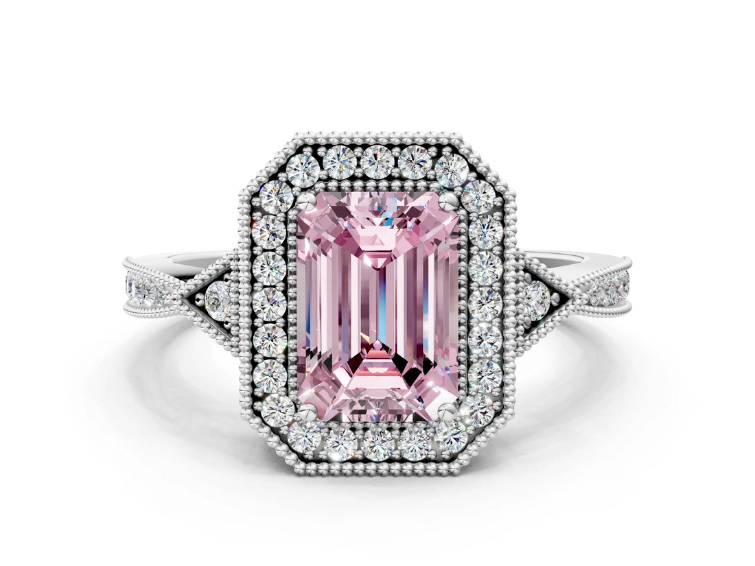 White gold Fancy Pink Emerald  Halo Round Diamond Milgrain Pave Engagement Ring_9