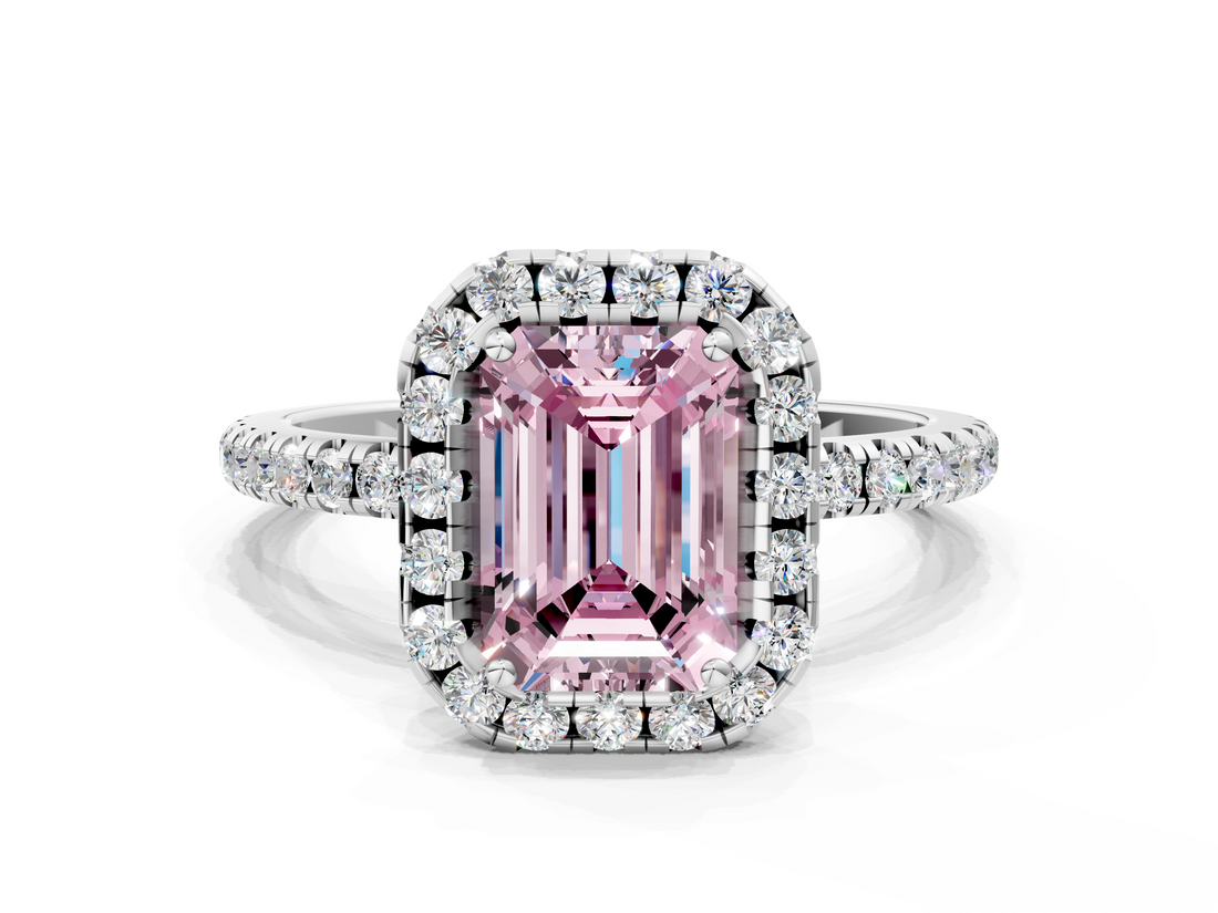 White gold Fancy Pink Emerald  Halo Round Diamond Pavé Band Four-Prong Ring_3