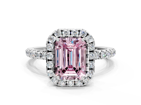 White gold Fancy Pink Emerald  Halo Round Diamond Pavé Band Four-Prong Ring