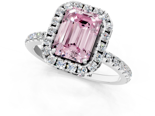 White gold Fancy Pink Emerald  Halo Round Diamond Pavé Band Four-Prong Ring